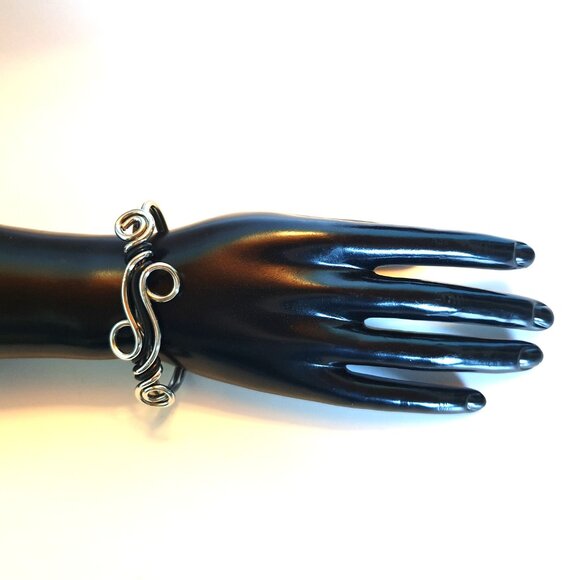 2.5'' Handcrafted Silver Wave Cuff Bracelet with Black Wire Accents Swirl Design - Picture 11 of 11